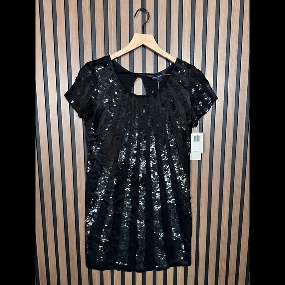 New French Connection Dress 2 / XS Womens Black Sequin Mini Short Sleeve Shift - Picture 1 of 8